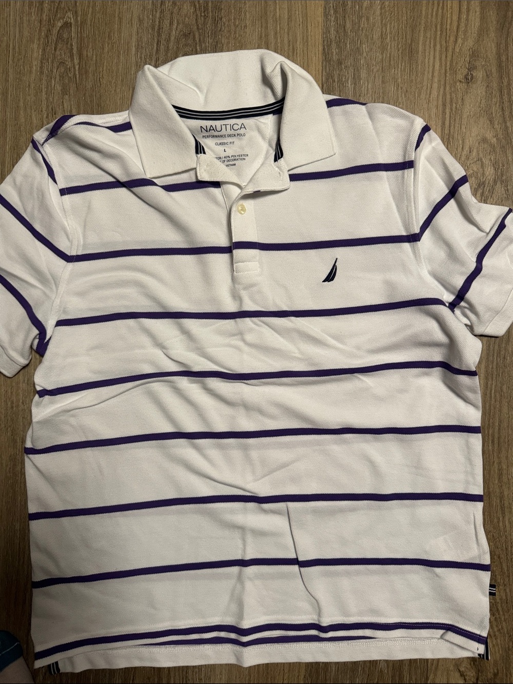 Nautica White Polo with Purple Stripes and Navy Sail Logo